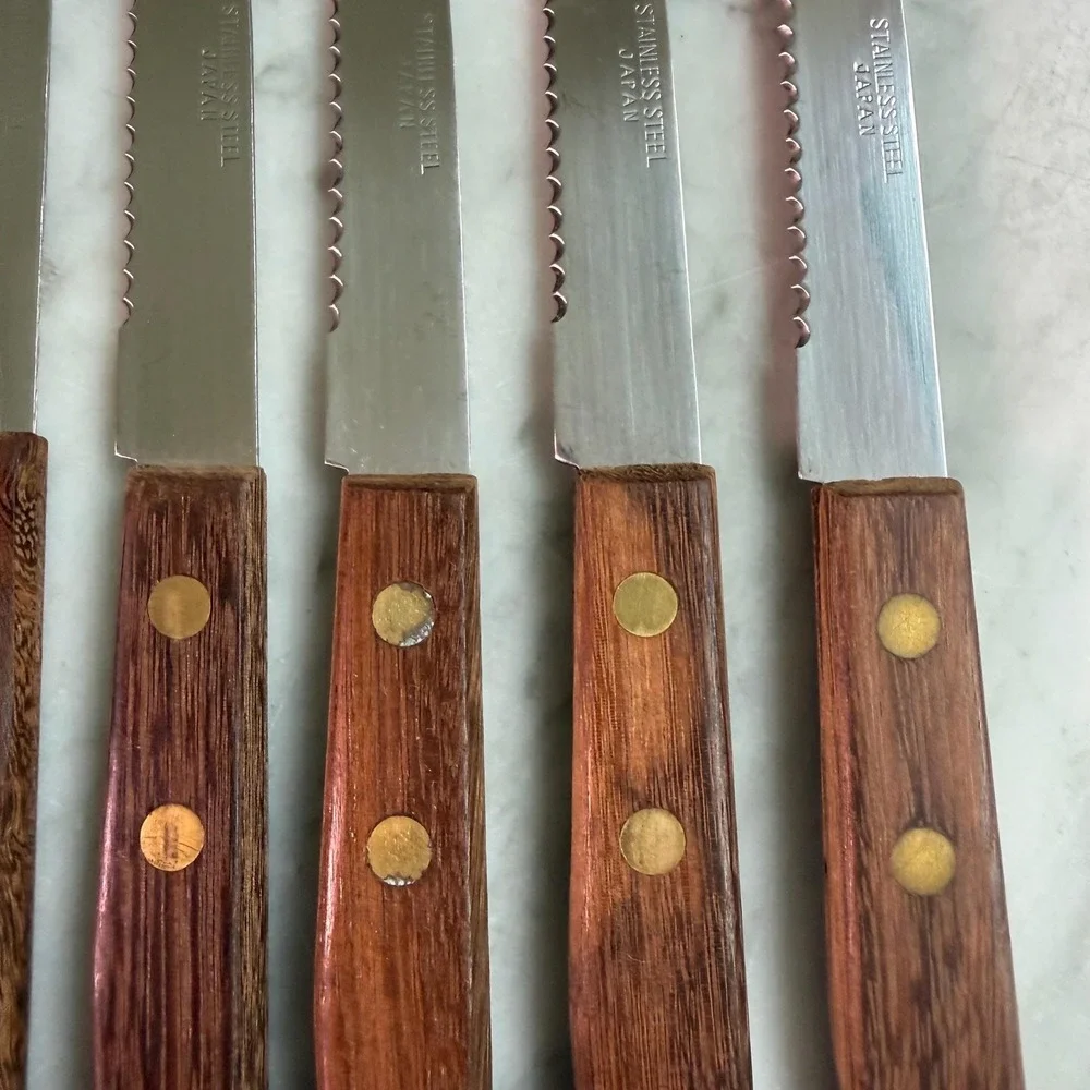 VTG 70s Mid Century Flatware Wood Handle Cutlery Set Japan Carving Knife Fork